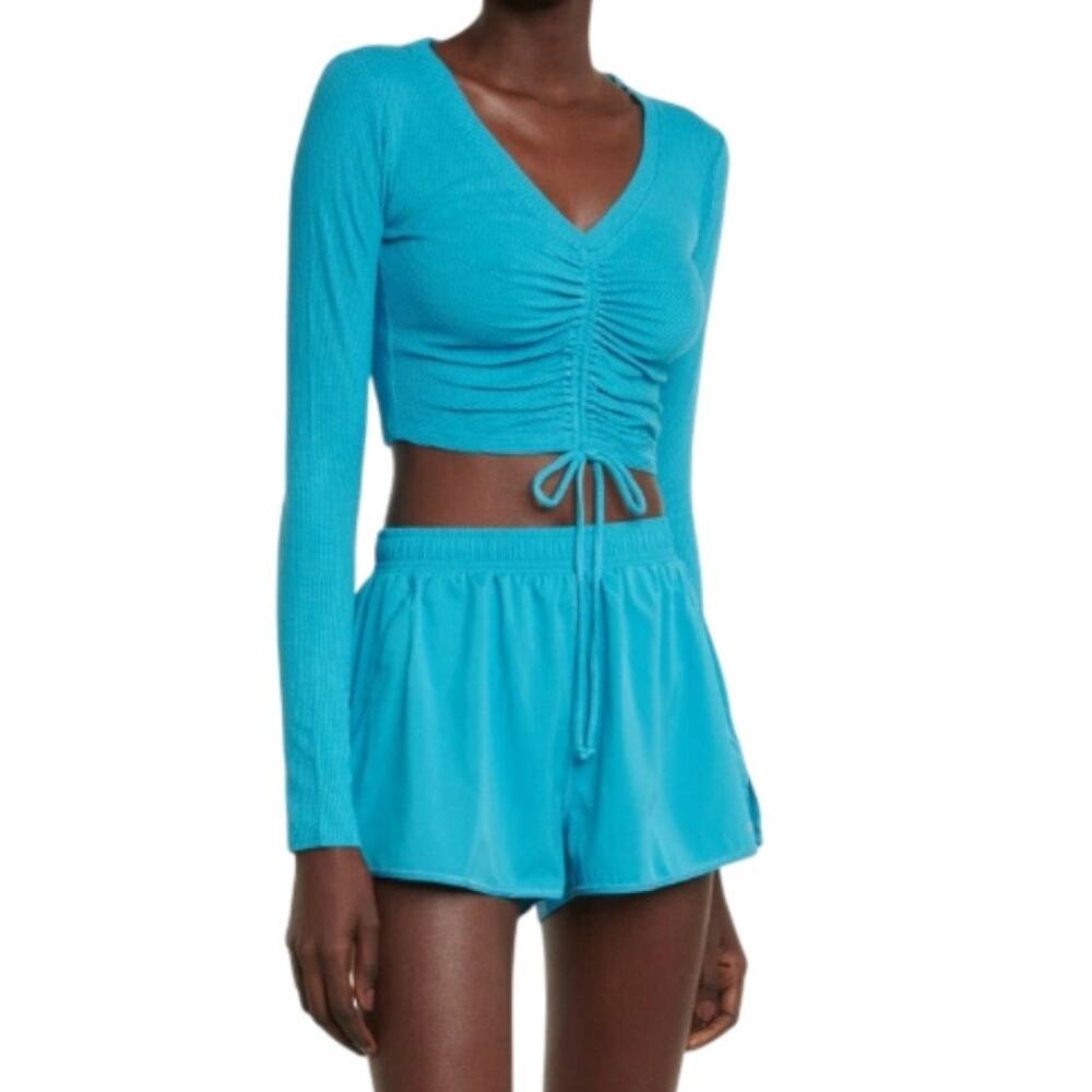 Alo Yoga Blue Ribbed Cinch Ruched Crop Top